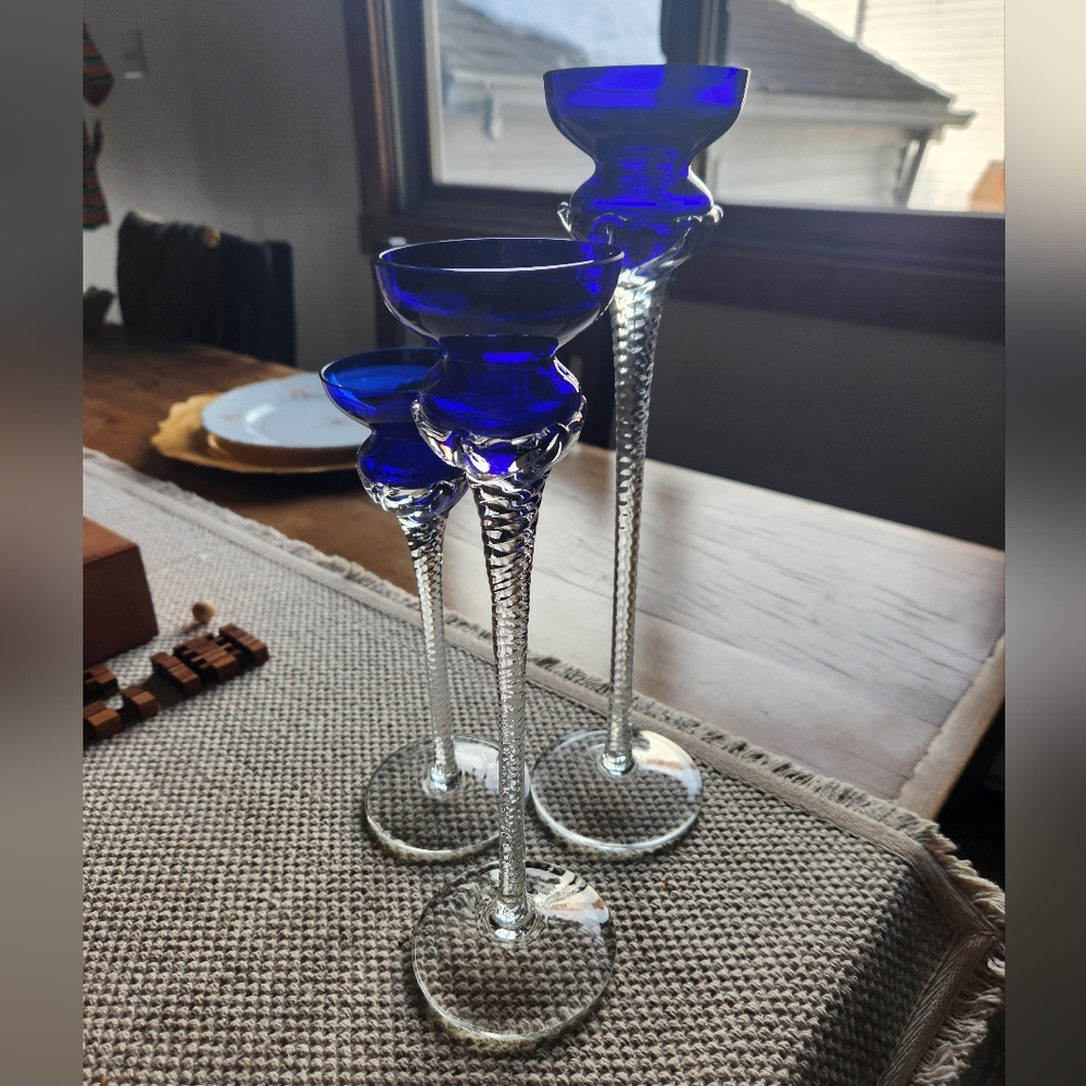 Elegant Blue Glass Candle Holders